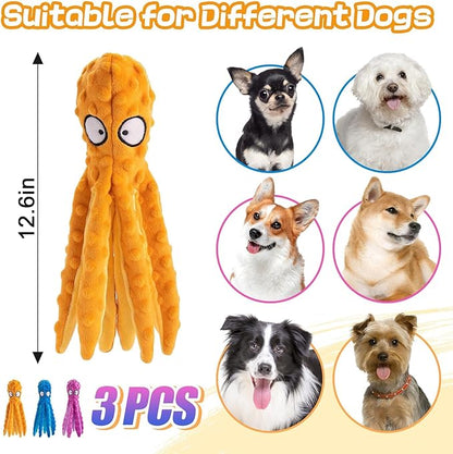 Alphatool Squeaky Dog Toys - 3pcs Soft Plush Chew Crinkle Puppy Toys to Keep Them Busy, Octopus No Stuffing Interactive Essentials for Teething Small Medium Pets Dogs Gifts