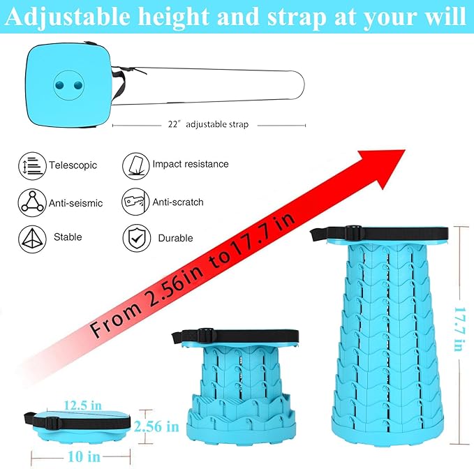 Fishboy Upgraded Square Collapsible Stool, 400lbs Max Weight, Lightweight But Sturdy, Portable Retractable Folding Telescoping Foldable Camping Stool for Adults Outdoor Fishing Hiking Travel BBQ