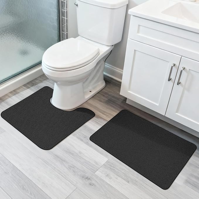 Bosap Bathroom Rugs Set 2 Pieces,Thin Bathroom Mats,Toilet Rugs,Quick Dry,Non-Slip,Machine Washable,Low Pile,Absorbent Bath Mats,Shower,Sink,Home Decor Accessories.Black,1'5"x2'3"+1'8"x2" U Shape