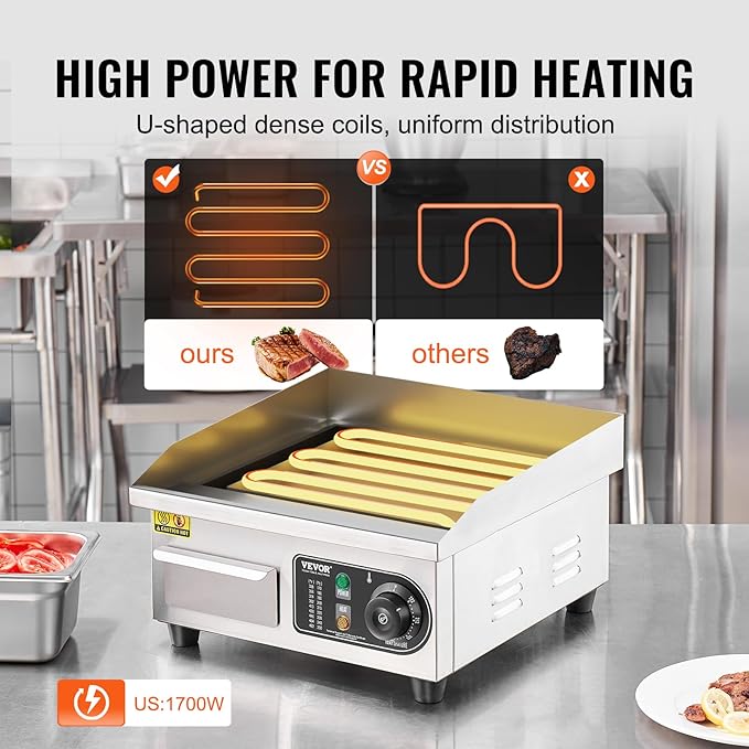 VEVOR Commercial Electric Griddle, 1700W Countertop Flat Top Grill, 14in