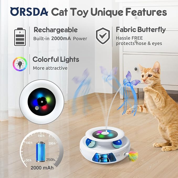 ORSDA Cat Toy, 3-in-1 Automatic Interactive Electronic Moving Ambush Feather, Fluttering Butterfly, Track Balls, USB Rechargeable Powered Smart Indoor Exercise Kicker