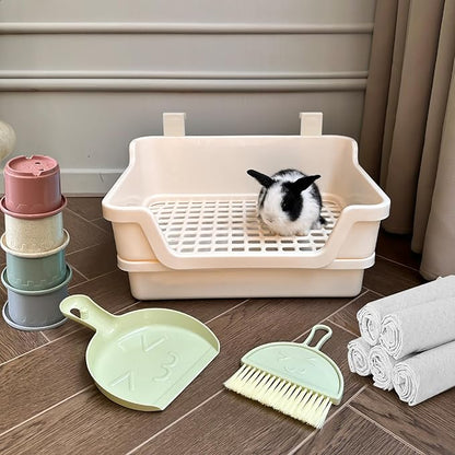 Large Rabbit Litter Box w/Plastic Grid & Dump Tray-Bunny Litter Pan Small Animal Potty Toilet - Pet Bunny Supplies Rabbit Cage Accessories for Training Corner Litter Box (Cream)