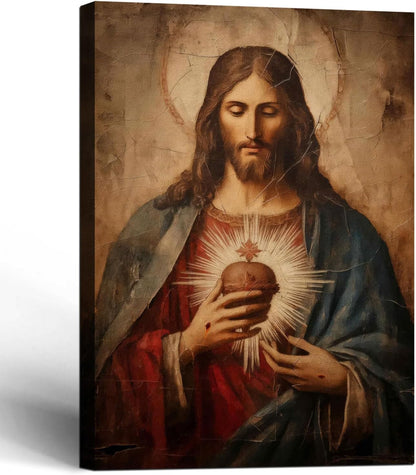 Framed Jesus Sacred Heart Canvas Painting Wall Art Christian Religious Poster Inspirational Bible Art Gallery Style Print for Bedroom Church Home Decor 24X36Inch Ready to Hang