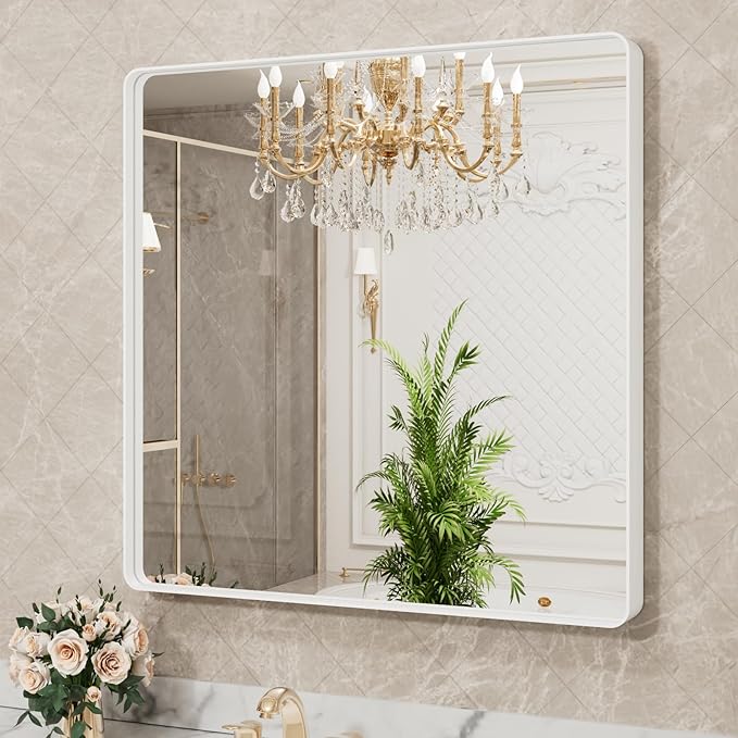 LOAAO 38x38 Inch White Metal Framed Bathroom Mirror