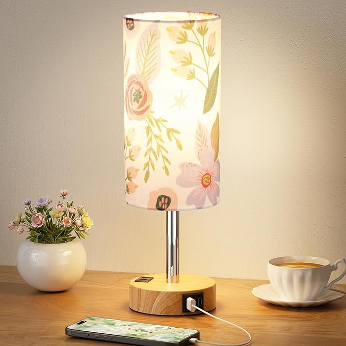 Fenmzee Floral Touch Lamp for Bedroom- 3 Way Dimmable Bedside Lamp USB C A Charging Ports and AC Outlet, Small Table Lamp Floral Linen Lampshade for Gift, LED Bulb Included