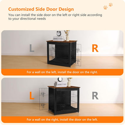 DWANTON Dog Crate Furniture with Cushion, Wooden Kennel Table with Double Doors, Indoor Dog House, Small/Medium/Large Size, 27.2" L, Black+Rustic Brown