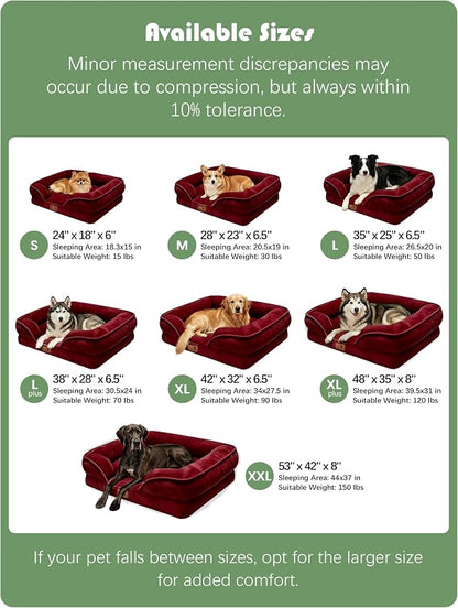 Spotted Play Orthopedic Dog Bed with Sides - Sofa Beds for Large Dogs, Supportive Foam Pet Couch Bed with Washable Removable Cover, Waterproof Lining and Non-Slip Bottom, Burgundy - L-Plus