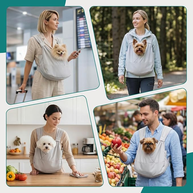 Dog Sling Carrier Front with Thicken Bottom Support for Small Dogs 10-16 lb | Adjustable, Hands Free, Comfortable Wearable, Lightweight, Vet Visits, Anxiety, Travel, Hiking, Safety Clip Grey