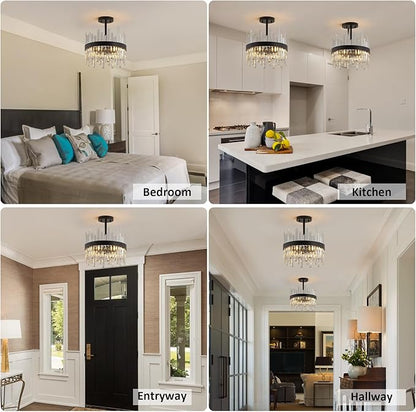 Black Semi Flush Mount Ceiling Light Fixture, Foyer Kitchen Lighting Fixtures Ceiling Modern Hallway Light Fixtures Ceiling Mount Lights for Bedroom, Bathroom, Laundry Room, Entryway, Hallway