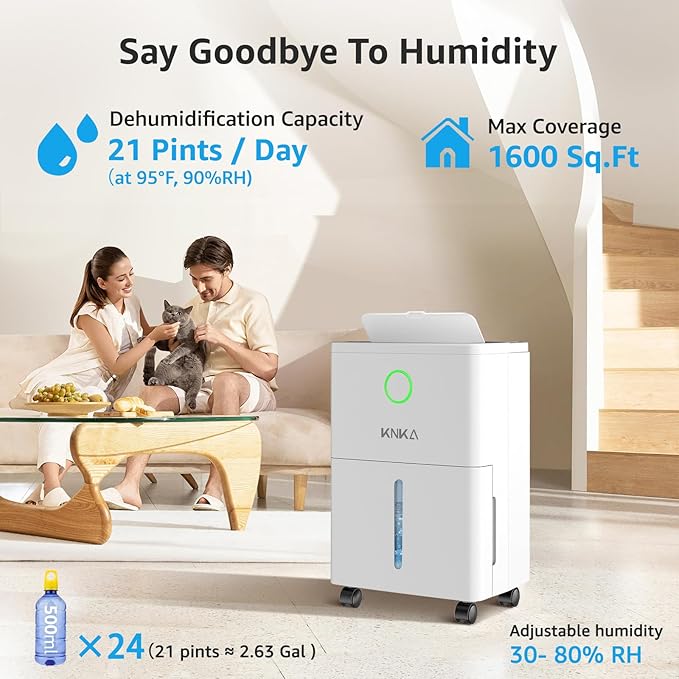 KNKA 1600 sq.ft Dehumidifier for Basement, Max 21 Pint Dehumidifiers for Home