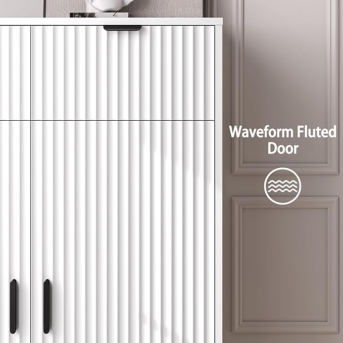Fluted Shoe Cabinet, 4-Tier Mid Century Modern Narrow Shoe Storage Cabinet