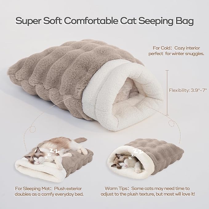 Cat Sleeping Bag for Indoor Cats Self Warming Cat Bed Fits up to 15 lbs Pets Soft Plush Warm Bed 360° Wrap Bag Washable Comfortable Pet Sleeping Bed 21" × 17" Coffee