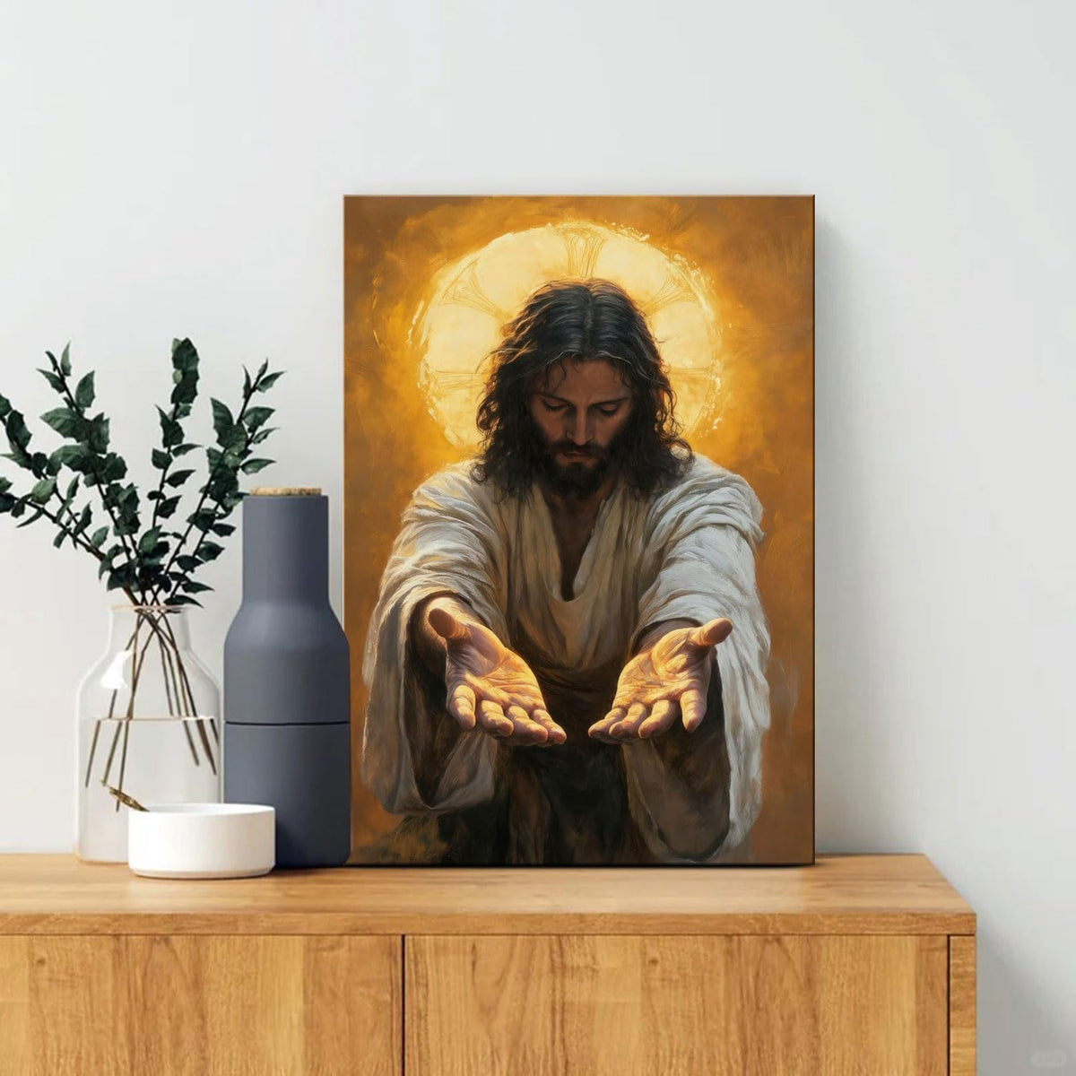 Framed Jesus Canvas Wall Art Painting with Gold Halo Christian Religious Poster Inspirational Christian Gallery Decor Painting Home Church Prayer Room Wall Hanging Print 24x36 Inch Ready to Hang