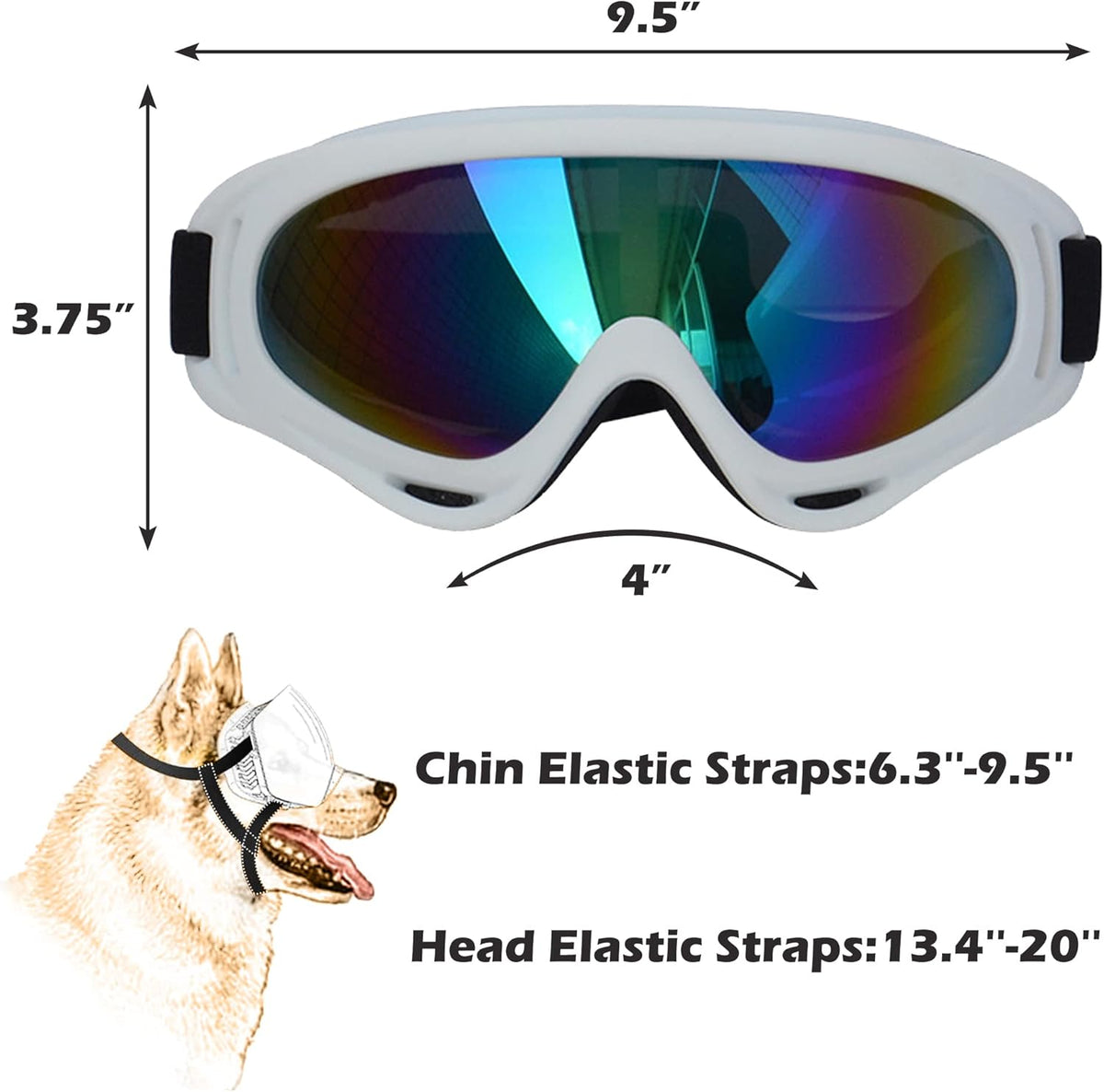 Large Dog Sunglasses With Adjustable Strap UV Protection, Windproof Puppy Eyewear, Suitable for Medium-Large Pets, Eyes Protection, Soft Goggles (White Frame)