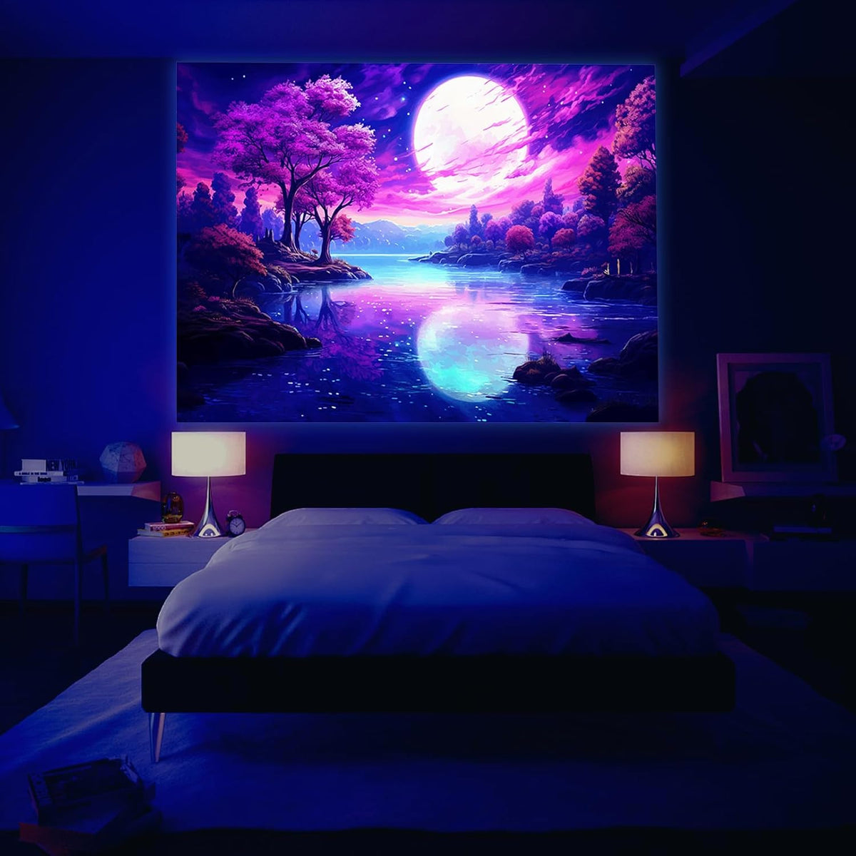 Atrippy Blacklight Pink Tapestry for Bedroom, UV Reactive Mountain Nature Tree Room Decor Wall Tapestries, Moon Landscape Forest Backdrop for Living Room Dorm Office 40" X 60"