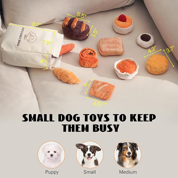 Nocciola 10 Pack Bread Dog Toys with a Bag,Crinkle Dog Squeaky Toys,Puppy Toys to Keep Them Busy,Small Dog Toys for Boredom,Durable Stuffed Plush Dog Toys for Small Medium Dogs,Dog Accessrioes Girl