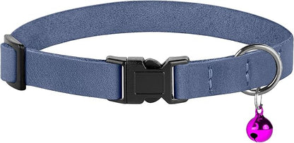 Breakaway Cat Collar Leather with Removable Bell - 13 Colors Available - Soft Adjustable Girl Boy Safety Lightweight Pet Kitten Collars Pink Brown Blue Green Red Orange Black (Denim)