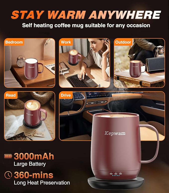 Kepwam Self Heating Coffee Mug T2, 16oz Smart Heated Coffee Mug, 150 Min