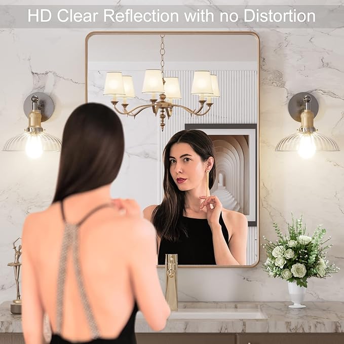 LOAAO 24”X32” Gold Bathroom Mirror, Rounded Rectangle Gold Frame Mirror