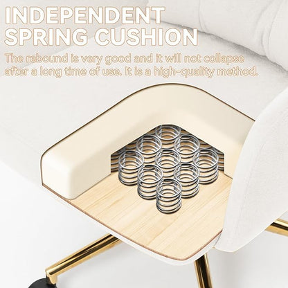 BALIAA Flannel Office Chair Vanity Chair Comfy Home Office Desk Chairs with Lumbar Support, Modern Plush Fabric Desk Gold Legs Swivel Task for Home Office Bedroom Study White Upgraded Version