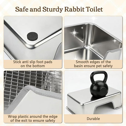 Rypet Large Rabbit Litter Box, Bunny Litter Box High Side with 304 Stainless Steel Sifting Tray, Metal Small Animal Litter Pan with Pet Food Bowl and Water Bottle, Non-Slip Easy to Clean Odor Control