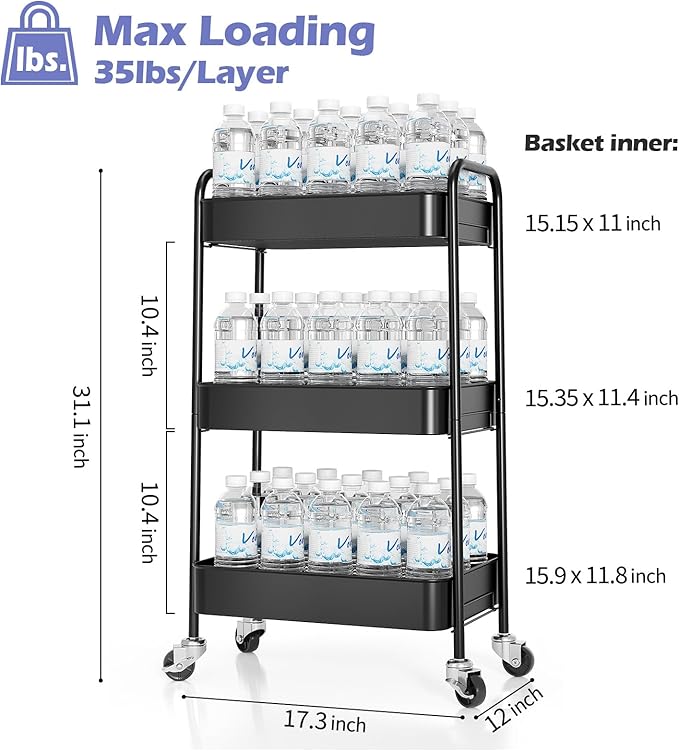 TOOLF 3-Tier Metal Rolling Cart