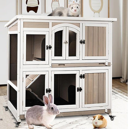 2 Story Large Rabbit Hutch Indoor with 2 Deeper Pull-Out Trays, Wooden Rabbit Cage with 4 Lockable Wheels, Ramp, Chew-Anti Metal Strip for Rabbit, (47" L x 18" W x 42" H)