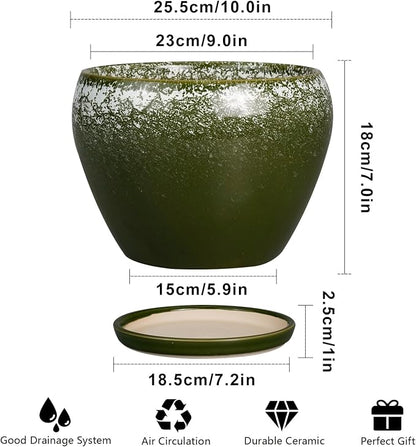 Ceramicfor 10 Inch Planter Pot - Ceramic Pots for Plants with Drainage Hole and Saucer, Round Large Flower Pot for Indoor Plants, Dark Green
