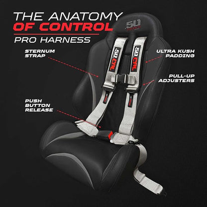 1pc 50 Cal Silver 4 Point Harness 2in Straps, Racing Harness Seat Belt | Ultra Kush padding, Push Button quick release hardware. Universal Fit for UTV, RZR, race car.