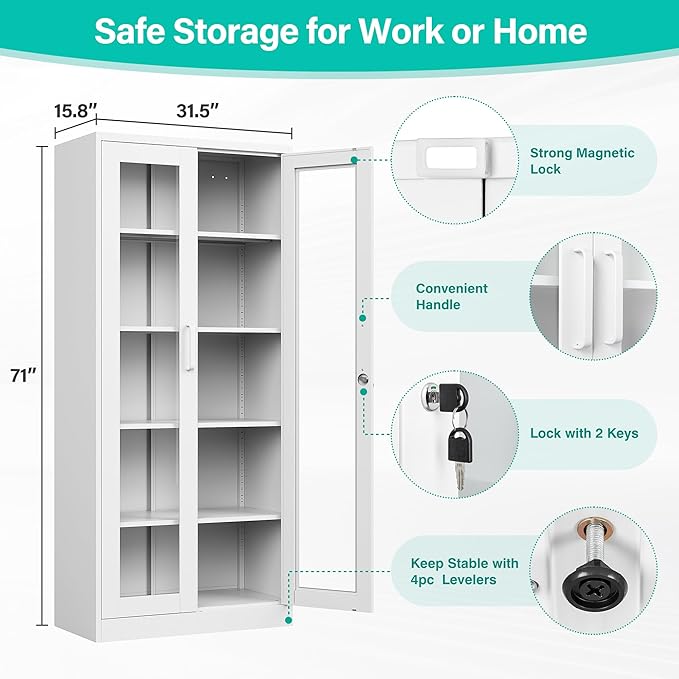 Metal Storage Cabinet with Lock and Glass Doors, Locking Curio Cabinets with 5