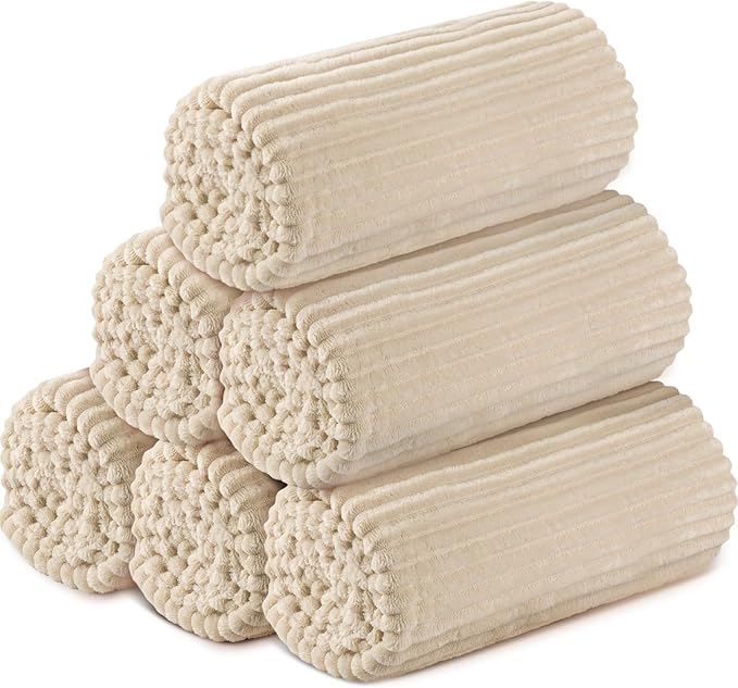 Buryeah 6 Pcs Flannel Throw Blanket Bulk 50 x 60 in Sleepover Blanket Outdoor Wedding Throw Lightweight, Oeko-tex Standard 100 Certified for Sofa Homeless Gifts (Beige)