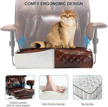 500lb Office Chair, Big and Tall Reclining Office Chair with Footrest, Leather Executive Computer Chair with Wide Seat Recliner Home Desk Chairs with Wheels & Lumbar Support for Heavy People,Brown