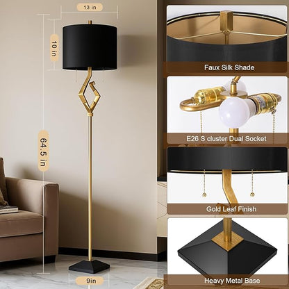 Sculptural Floor Lamp for Living Room Bedroom, 64.5” Pull Chains Standing Lamp, Gold Leaf Finish & Black Faux Silk Lamp Shade, Lighting Brightness Adjustable Lamp with Bulb Prefer for Home Decor