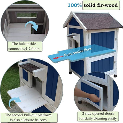 Rockever Outdoor Cat House, Large Outdoor Houses for Feral Cats Wooden Outside Cat Shelter Weatherproof with Escape Door