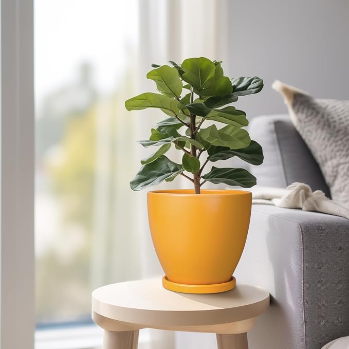 6.8 Inch Plant Pot - Ceramic Planter with Drainage Hole and Saucer, Modern Round Flower Pot, Planters for Indoor Plants, Home Garden Decor, Orange