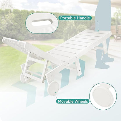 Outdoor Chaise Lounge Chairs with Table, 6-Piece, 26.8” Super Wide Lounge Chair Outdoor, HDPS Pool Chairs with 5 Positions, Patio Lounge Chair with Wheels for Pool,Lawn,Backyard, White