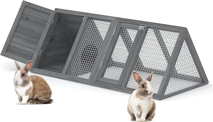 Rabbit Hutch, Small Chicken Coop Outdoor A-Frame Quail Cage with 2 Door & Run Cage Wooden Triangle Quail Hutch with Ventilating Wire Poultry Hutch for Small Animal (Gray)