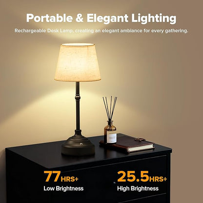 Cordless Table Lamp, Rechargeable Desk Lamp with Fabric Shade, Battery Operated Lamp 3 Color Stepless Dimming, Portable Small Touch Bedside Lamp Home Decor for Dining, Counter (Matte Black)