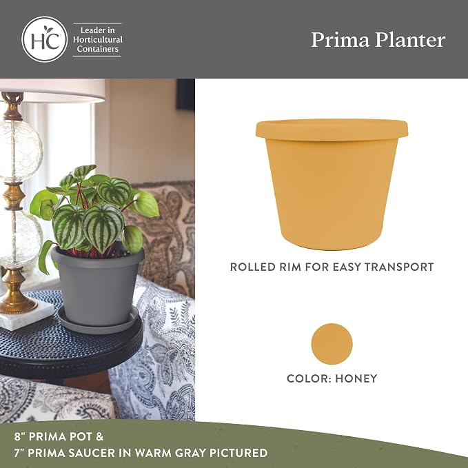 The HC Companies 10 Inch Prima Round Planter Pots with Drainage Holes and Rolled Rim, Lightweight UV-Resistant Plastic Indoor & Outdoor Planters, 2-Pack Flower Pots for Garden & Home Decor, Honey