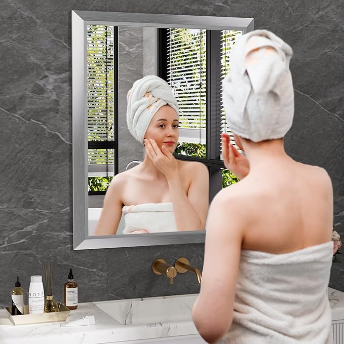 Amorho 20x30 Inch Bathroom Mirror Silver, Thick Metal Framed Wall Mirrors