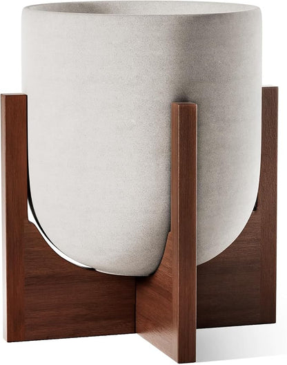 LE TAUCI 12 Inch Plant Pot with Acacia Wood Stand, Ceramic Large Planters for Indoor Plants, Indoor Pots for Plants Office Living Room, Cylinder Planter with Drainage Hole and Plug, Neutral Gray