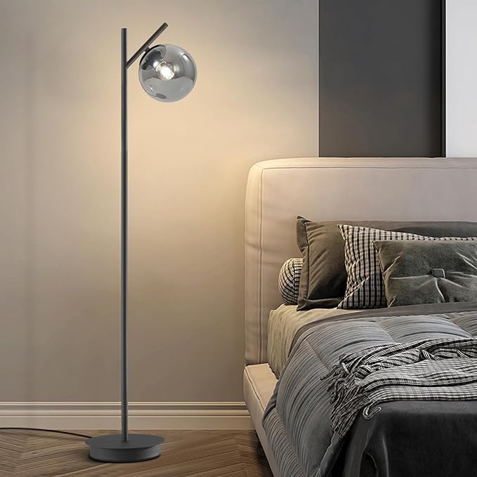 Mid Century Floor Lamp for Living Room Moderm Tall Standing Lamp with Frosted Glass Globe Shades Contemporary Brass Freestanding Lamp for Office Bedroom (Black-Smoky Gray)