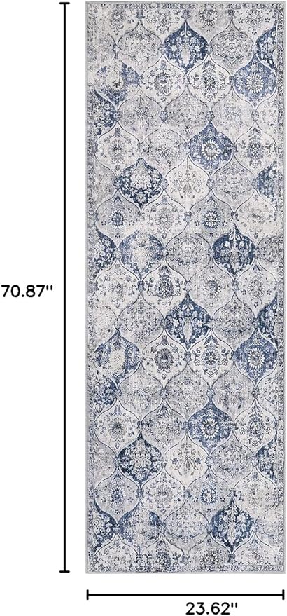 Lahome Moroccan Trellis Washable Runner Rug, 2x6 Kitchen Runners for Hallways 6 Feet Non Slip, Vintage Laundry Room Rug Ultra-Thin Long Carpet for Bathroom Bedroom Entryway, White/Royal Blue