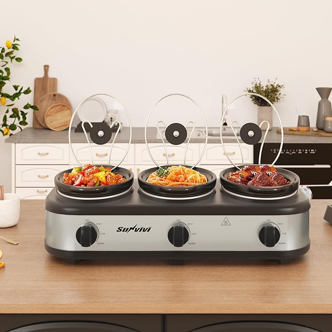 Sunvivi Triple Slow Cooker, Buffet Server and Food Warmer, Small Mini Pot