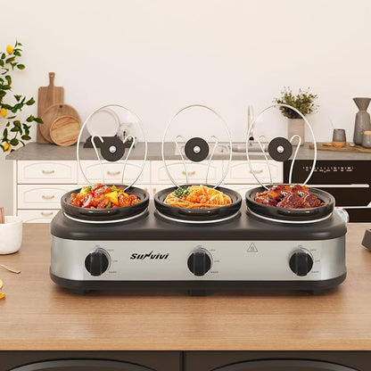 Sunvivi Triple Slow Cooker, Buffet Server and Food Warmer, Small Mini Pot