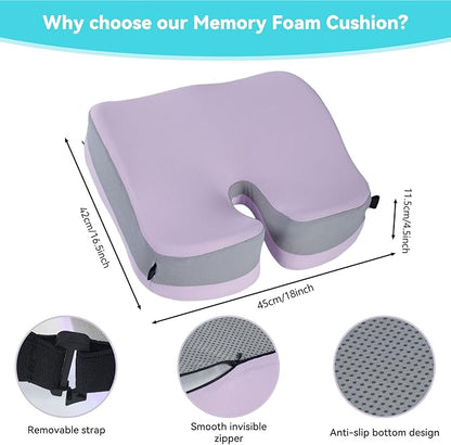 Seat Cushions for Office Chairs Wheelchair Cushion for Long Sitting Back Pain，Memory Foam Seat Car Computer Desk Chair Cushion，Coccyx Cushion for Tailbone Pain Relief Office Chair Butt Pillow Purple