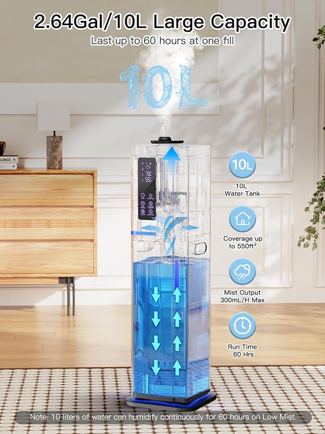Zeova 10L/2.64Gal Humidifier, Top Fill Quiet Ultrasonic Cool Mist Humidifiers
