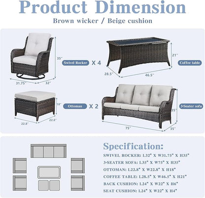 Belord Wicker Patio Furniture Sets - 8 Piece Outdoor Rattan Furniture Conversation Sets with 4 Swivel Rocker Chairs, Rattan Sofa, Wicker Ottomans and Coffee Table, Brown/Beige