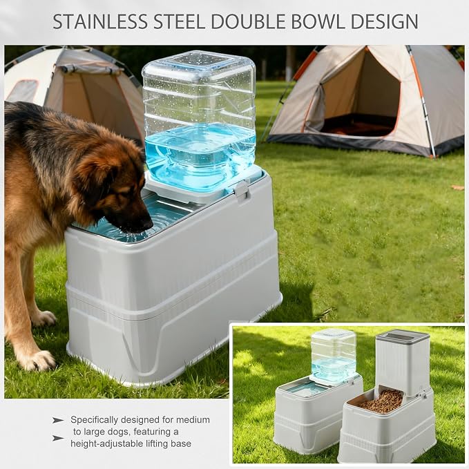Elevated Dog Bowls Set, 1 Gallon Automatic Gravity Food Feeder & Water Dispenser with Stainless Steel Bowls, Adjustable Elevated Feeder for Small Medium Large Dogs, Anti-Choking & Neck Protection