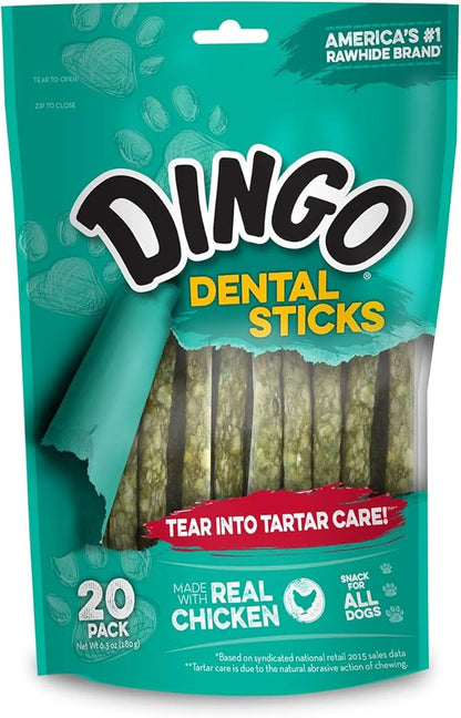 Dingo Dental Sticks for Tarter Control and Freshening Breath, Made with Real Chicken, Great Treats for Small, Medium, and, Large Dogs 20-Count